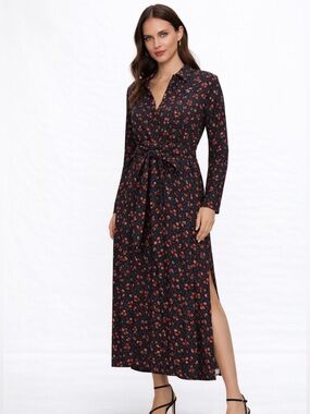 Zara Black Red Poppy Floral Tie Waist Shirt Maxi Dress Sz XL💛
